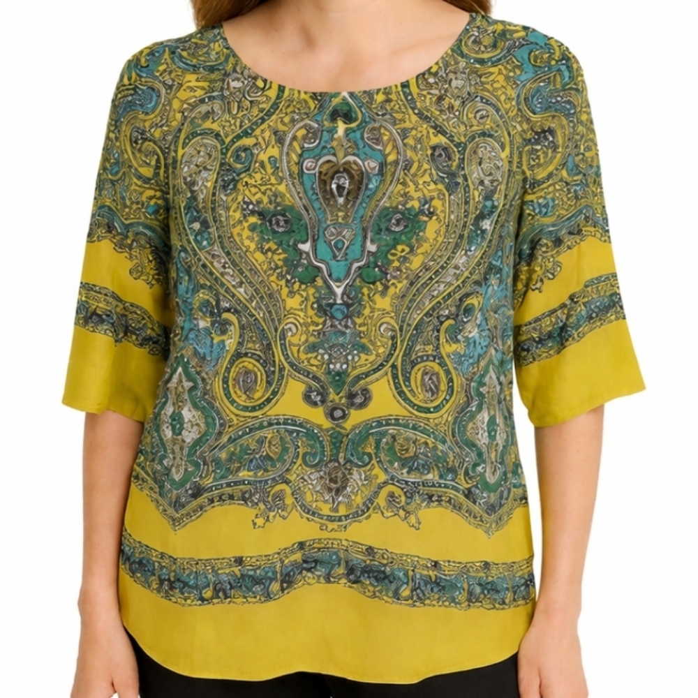 New York And Company Yellow Bohemian Paisley Cottagecore Gypsy Tunic Sz Med